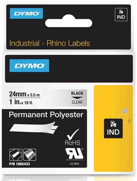 DYMO permanentní polyesterová páska RHINO D1 24 mm x 5,5 m, černá na průhledné, 1805433