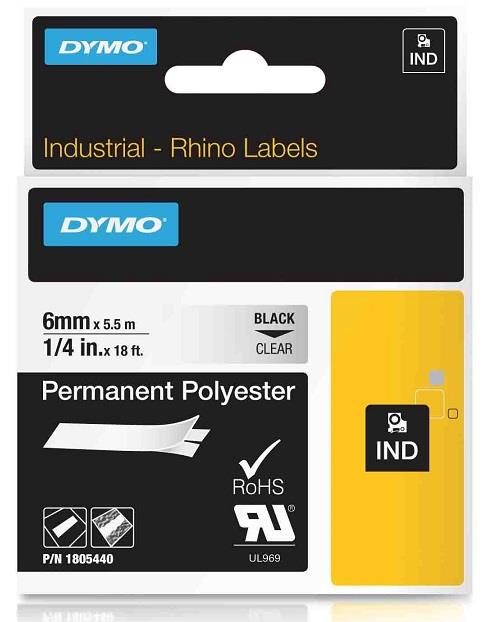 DYMO permanentní polyesterová páska RHINO D1 6 mm x 5,5 m, černá na průhledné, 1805440
